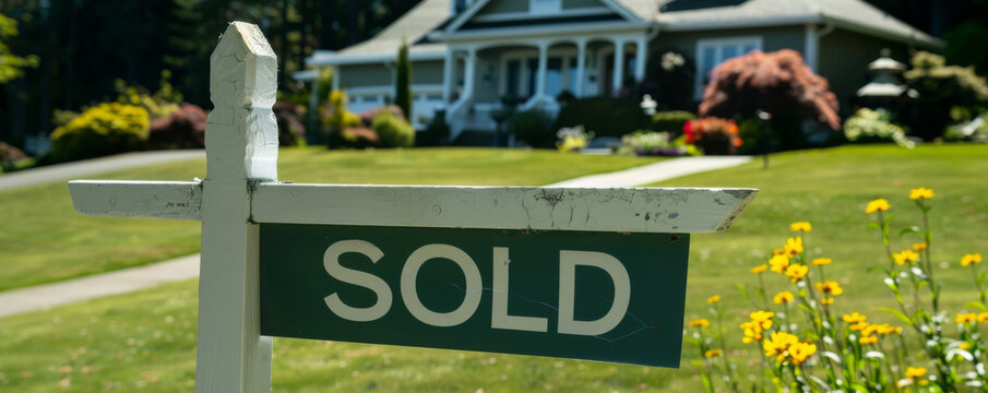 Green "sold" sign on the lawn against the backdrop of a beautiful house with a garden. Background for design.
