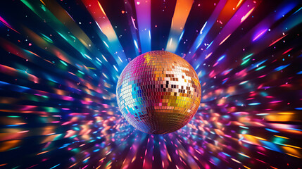 Party disco ball with stars in nightclub with striped walls lit by spotlight,disco balls in purple...