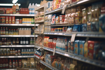 Fototapeta premium Abstract blurred supermarket aisle with colorful shelves and unrecognizable customers as background