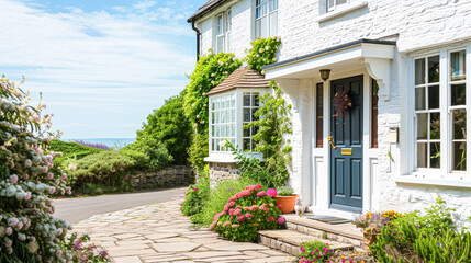 Fototapeta na wymiar White coastal cottage in the English countryside style by the seaside