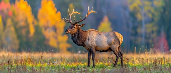   An elk stands majestically in a lush green field surrounded by towering trees and golden grass