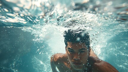 young man executing the front crawl stroke in a pool captured underwater, highlighting exercise, fitness training, and athletic motion with a focus on health and sport