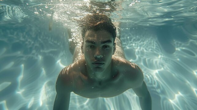 dynamic underwater shot of a young man swimming the front crawl in a pool, showcasing his athleticism, fitness, and exercise routine in aquatic training