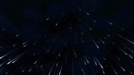 Bright starfall in the night sky. Meteor trails on a dark background. Beautiful meteor shower. Fireballs in the sky of the Earth.