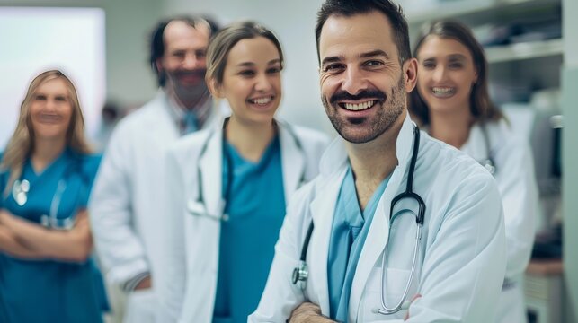 The image depicts a group of medical professionals in a hospital setting, with a male doctor in a
