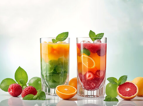Mixed fruit cocktails on table on color background
