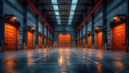 A building with numerous bright orange doors and a sturdy concrete floor. The symmetrical design and electric blue accents make it stand out in the city - obrazy, fototapety, plakaty