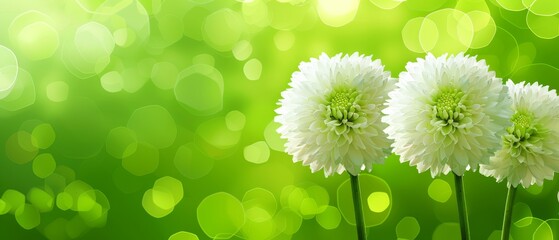   Three white flowers in front of a green bokeh of light with a blurry background