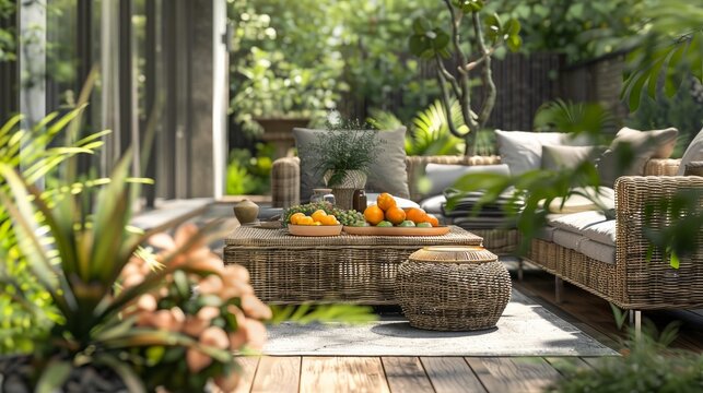 The terrace of a spa features rattan garden furniture adorned with grey pillows and a table topped