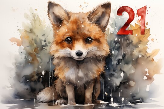 Watercolor painting of fox on white background