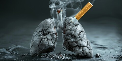 Smoking Kills - Conceptual image of smoldering lungs with a cigarette, representing the harmful effects of smoking on health - obrazy, fototapety, plakaty