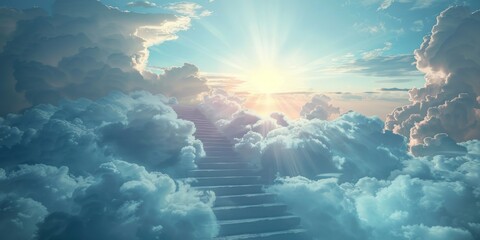 Stairway to Heaven: Steps leading into celestial light with angelic cloud guardians - obrazy, fototapety, plakaty