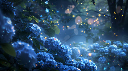 Nighttime in a magical garden with glowing fireflies around hydrangea bushes. Generative AI illustration  - obrazy, fototapety, plakaty
