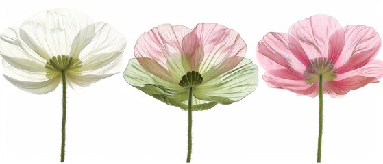   A trio of vibrant blooms resting gracefully against a pure white backdrop, featuring a stunning pink centerpiece