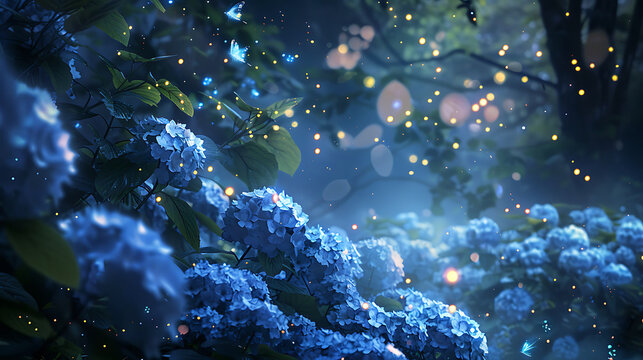 Nighttime in a magical garden with glowing fireflies around hydrangea bushes. Generative AI illustration 