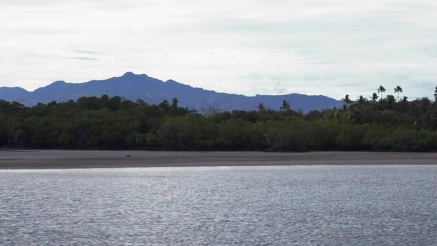 Boat ride Nadi Nausori Highlands Tourism Fiji Suva Garden Island Taveuni morning mountain peaks tropical island palm coconut tree morning cloudy blue sky calm bay shore Coral coastline static