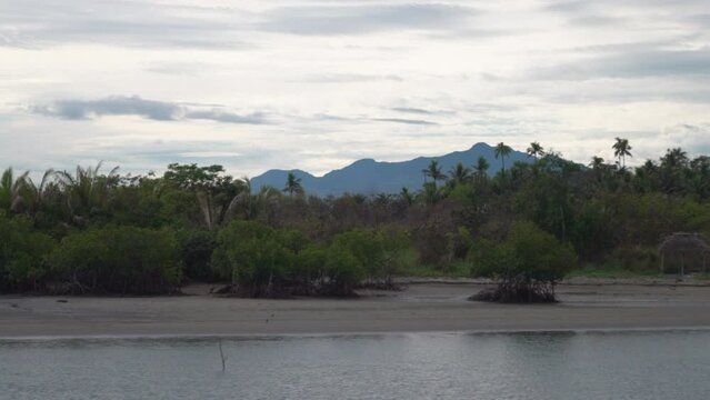 Boat ride Nadi Nausori Highlands marina Tourism Fiji Suva Garden Island Taveuni morning mountain peaks tropical island palm coconut tree morning cloudy blue sky calm bay shore Coral coastline static