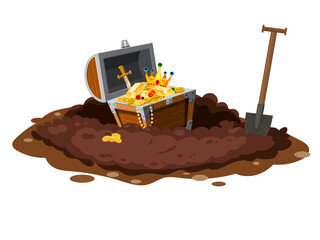 Treasure chest full of treasures, gold coins, Digging Hole in the ground,