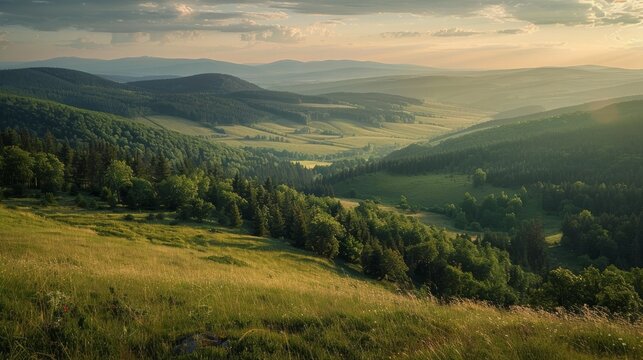 The picturesque views of grasslands and forests in the Beskid Sadecki mountains of Poland offer a