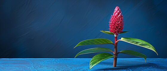   A red flower resting atop a wooden table alongside a lush green plant on a blue background