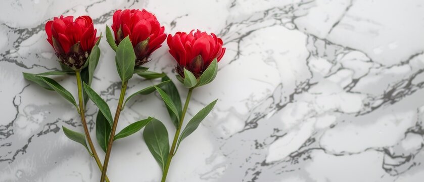   A stunning image of three vibrant red flowers adorning a pristine white marble countertop, surrounded by a lush green foliage on the stem