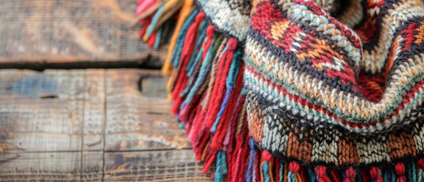   A stunning close-up photo of a colorful scarf resting on a wooden platform, featuring a piece of wood in the background