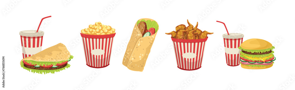 Poster tasty fast food object and item vector set