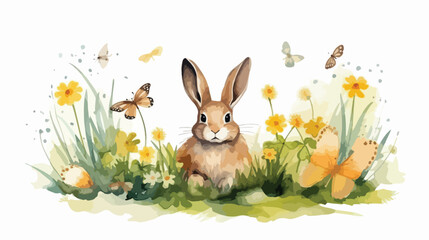 Watercolor illustration with bunny and bumblebee 