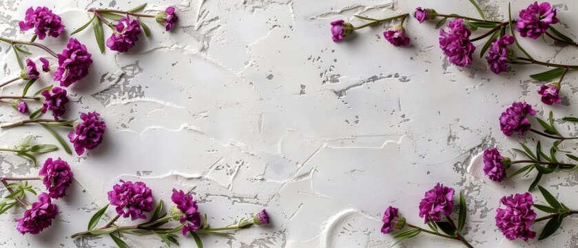   A vibrant display of purple flowers graces a white countertop, accentuated by peeling paint on the adjacent wall