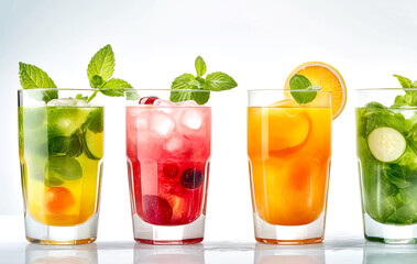 Mixed fruit cocktails on table on white background
