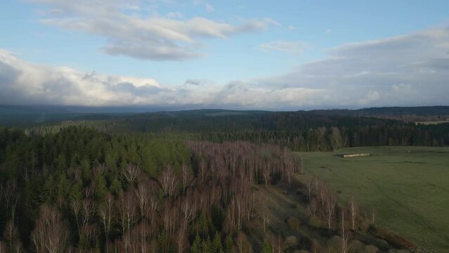 Aerial view of a peaceful landscape with lush forest, open fields and picturesque clouds in the sky