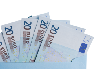 Twenty euro banknotes on a transparent background  in a blue envelope