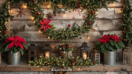 Fototapeta na wymiar A Christmas scene featuring a background and decorations with a garland of fir branches, lights, and