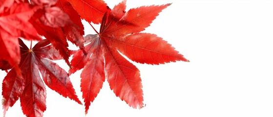   Red leaf close-up on tree against white sky background