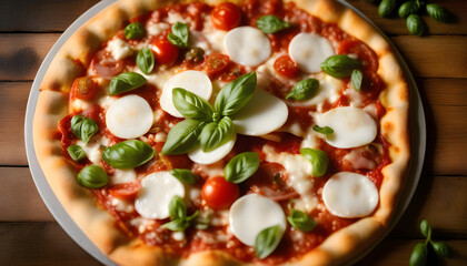 A close-up of a wood-fired oven pizza with vibrant toppings and a rustic style crust