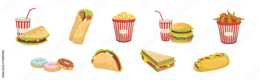 Poster tasty fast food object and item vector set