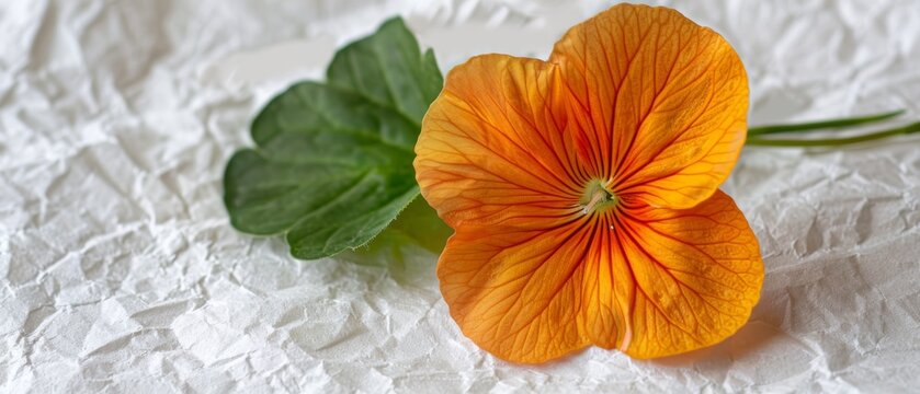   Two vibrant orange blossoms captured in sharp focus against a pristine white backdrop, with a lush green foliage accenting one of the petals