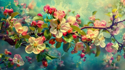 A branch of an apple tree is blooming with vibrant and colorful flowers in the spring.