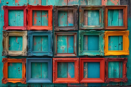 A variety of colorful picture frames, including azure, purple, and pink rectangles, are stacked on a wooden wall of a building, creating a vibrant and eyecatching display