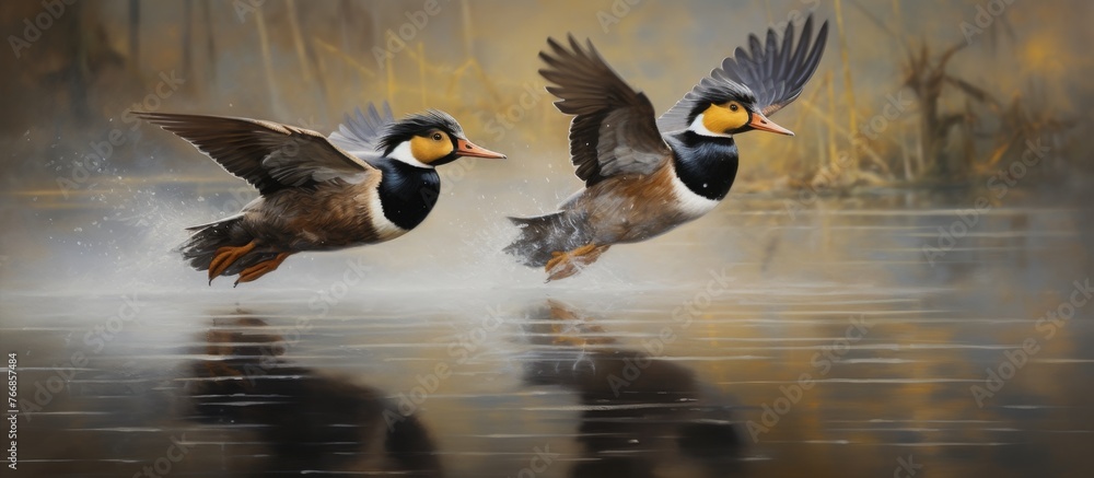 Poster Two waterfowl, possibly ducks or geese, soar gracefully over a serene body of water, their wings outstretched as they admire the natural landscape below