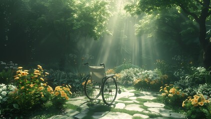 A bicycle with its wheel resting against a tree is parked on a stone path in a forest, with...