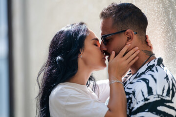 Loves kiss. Couple in love kissing. Passionate kiss. Romantic moment. Tender lovers. Couple embrace...