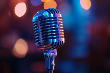 a condenser microphone on a blurry neon background