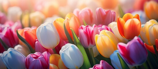 A variety of colorful tulips, including magenta, are blooming in a natural landscape. These...