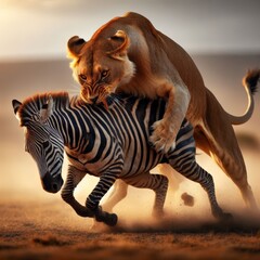 Lioness attacks a zebra in the grassy savannah
