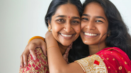 Dos mujeres indias de pie madre e hija abrazandose y sonriendo.  - obrazy, fototapety, plakaty
