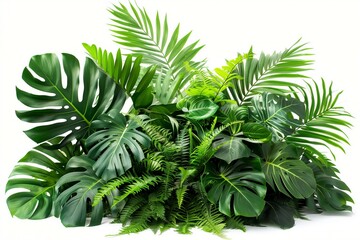 Obraz premium Floral arrangement of tropical plant bushes including Monstera, palm, rubber plant, pine, and bird’s nest fern. Green leaves create an indoor garden nature backdrop
