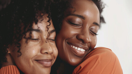 Dos personas juntas de raza negra dándose un abrazo con los ojos cerrados. Mujeres afroamericanas abrazadas y sonriendo. - obrazy, fototapety, plakaty
