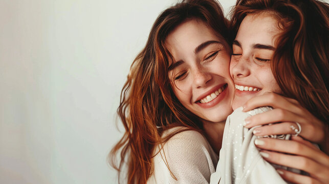 Dos mujeres caucásicas jóvenes dándose un abrazo y sonriendo. Dos personas abrazadas demostrando amor y felicidad.