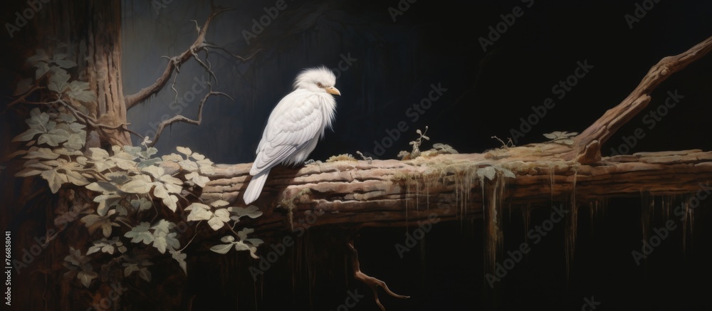 Poster a white bird with sharp beak and powerful wings, perched on a thin twig of a tree branch. it could b